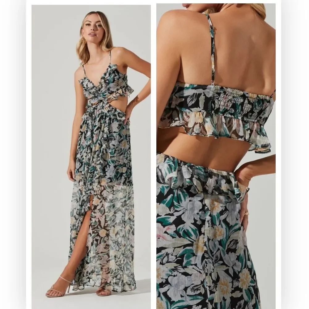ASTR the Label Palace Floral Cutout ruffle maxi dress black/green $170